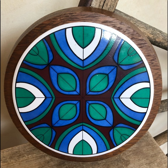 FRED ROBERTS CO 60s MCM Geometric Tile Wood Trivet - Picture 2 of 8